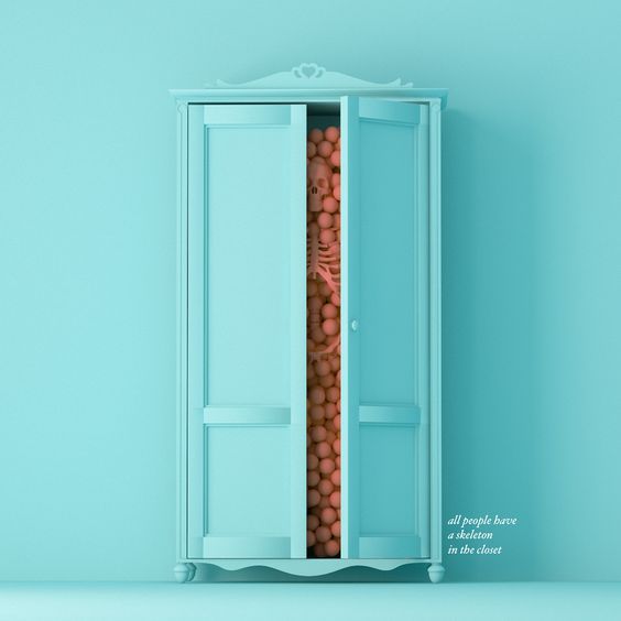 a blue cabinet with a bunch of balls in it