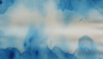 a blue and white painting with a white background