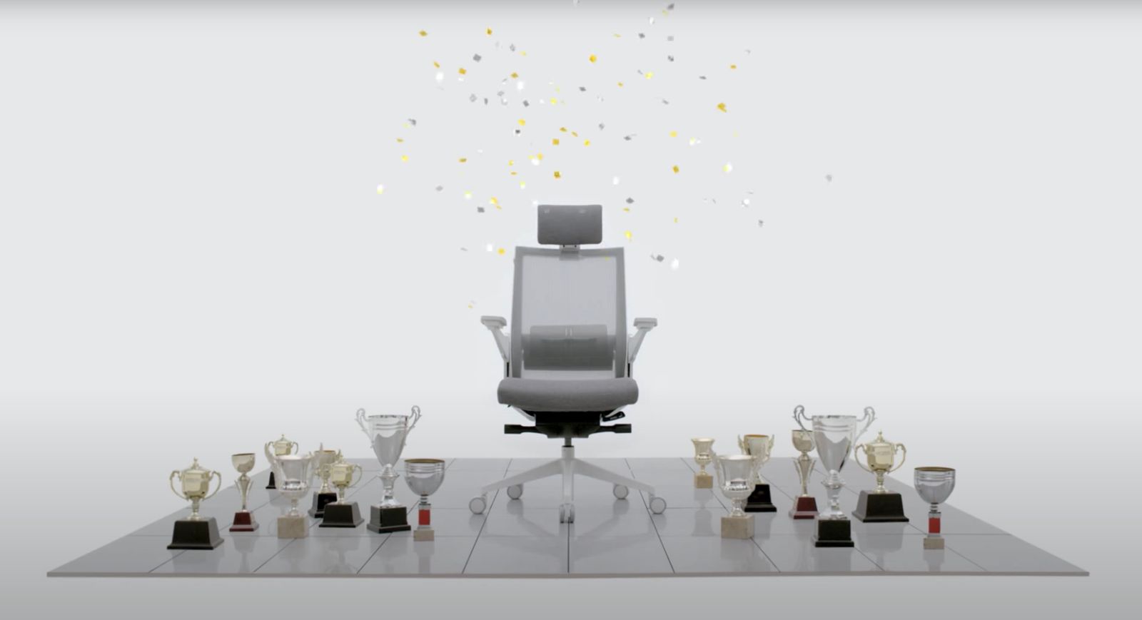 an office chair sitting on top of a table filled with wine glasses