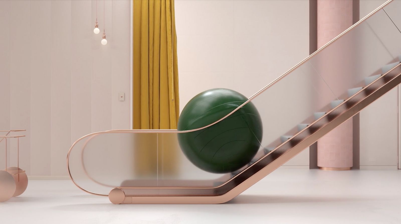 a green ball sitting on top of an escalator