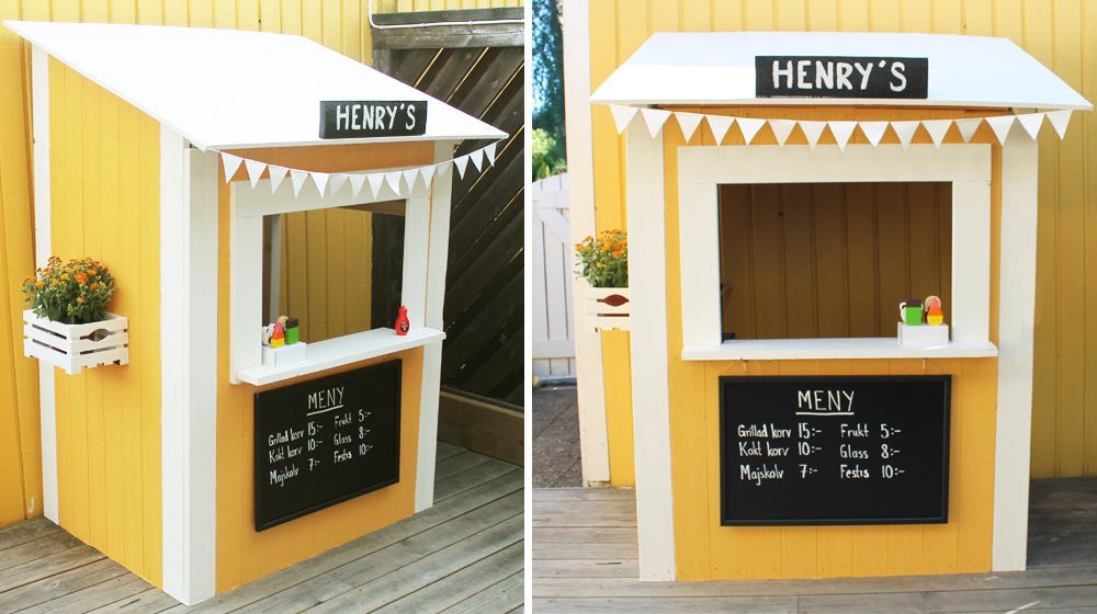 two pictures of a small yellow and white booth