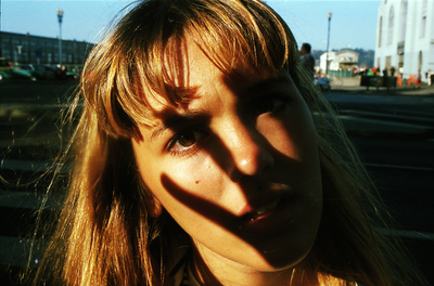 a close up of a person with long hair