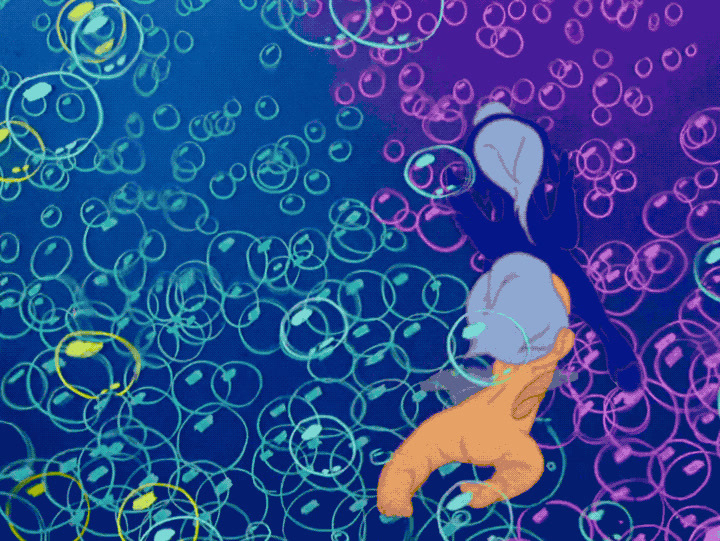 a painting of a person floating in a pool of bubbles