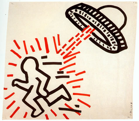 a drawing of a person running away from a flying object