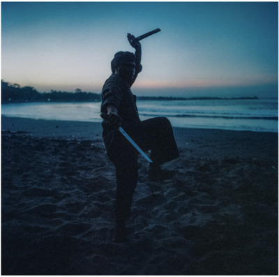 a person holding a sword on a beach