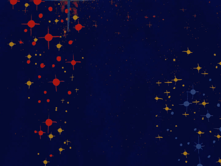 a blue background with red, yellow, and blue stars