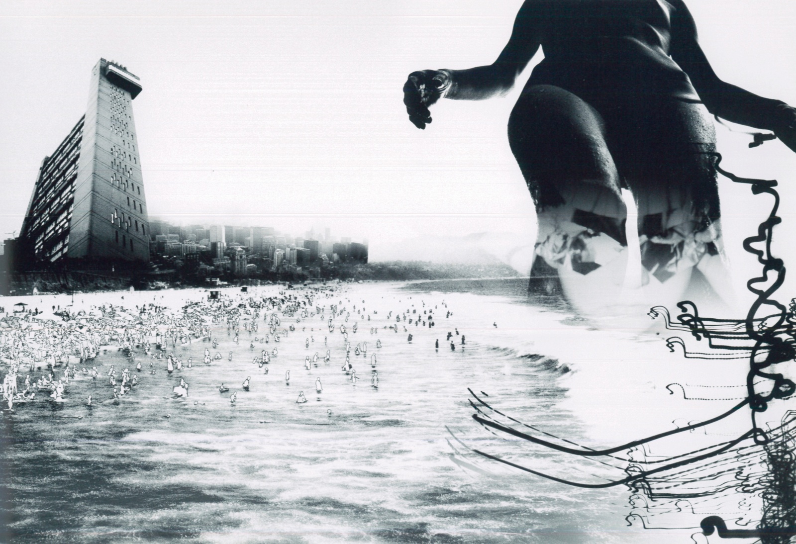 a black and white photo of a woman walking in the water