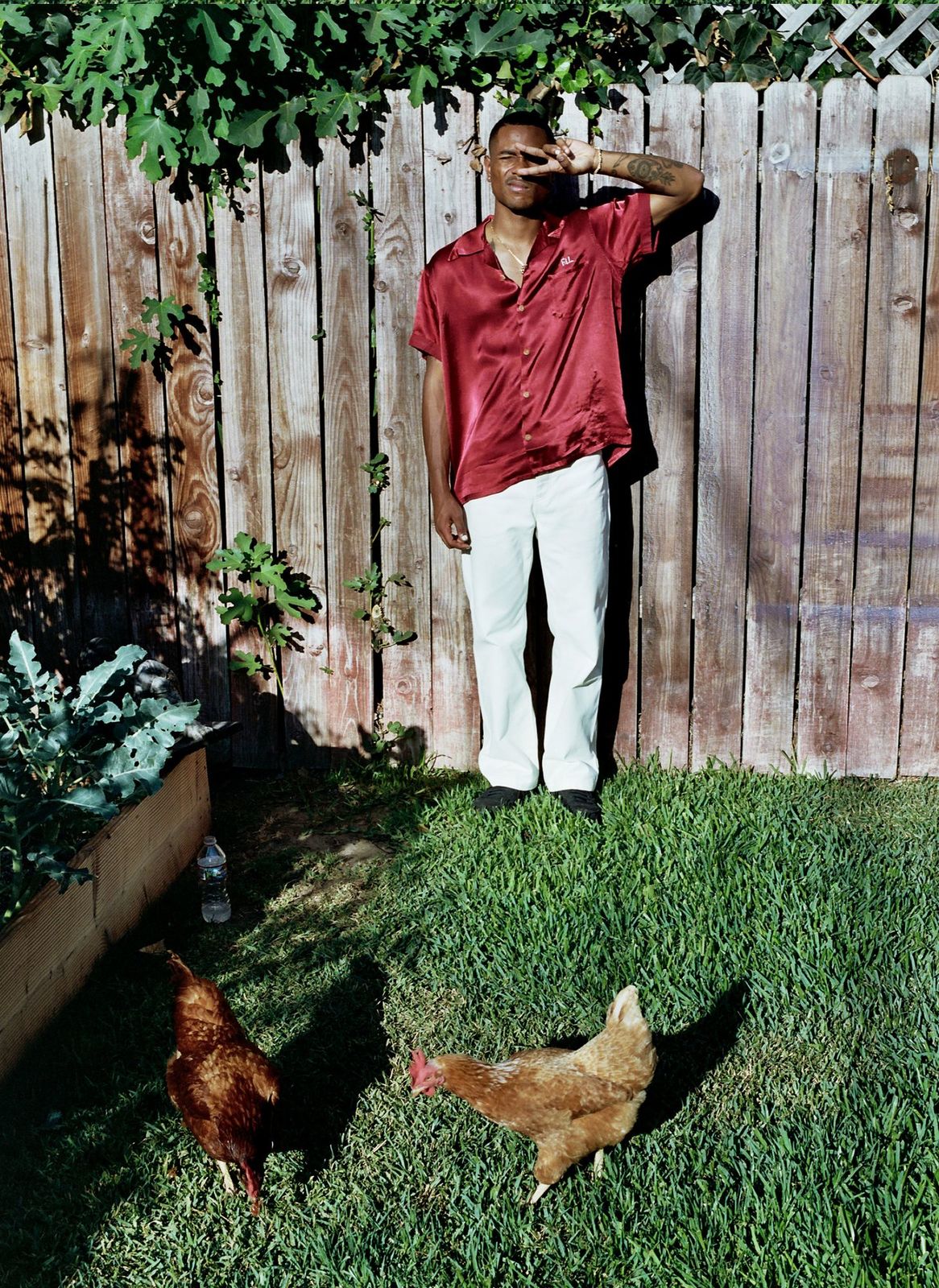 a man standing next to a chicken in a yard