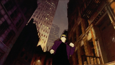 a cartoon of a man in a purple cape standing in the middle of a city