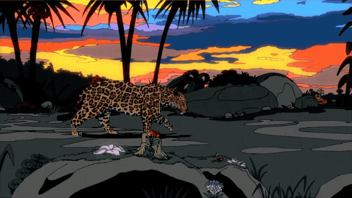 a painting of a leopard walking through a jungle