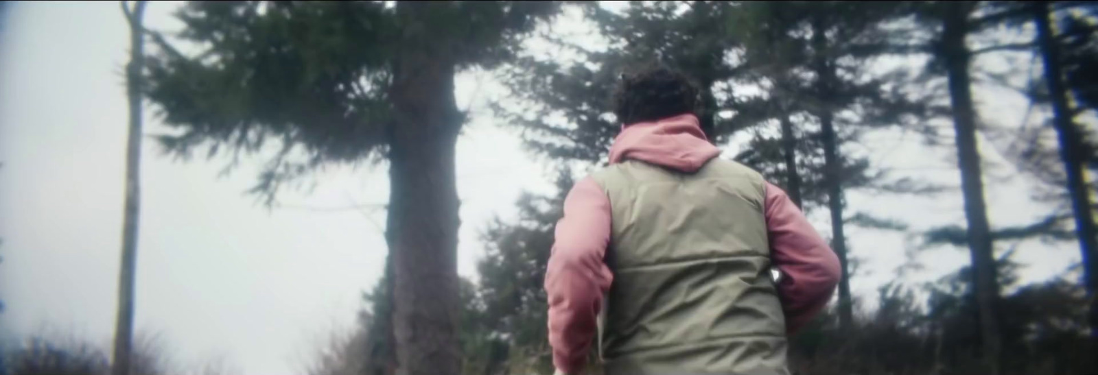 a man walking through a forest with trees in the background