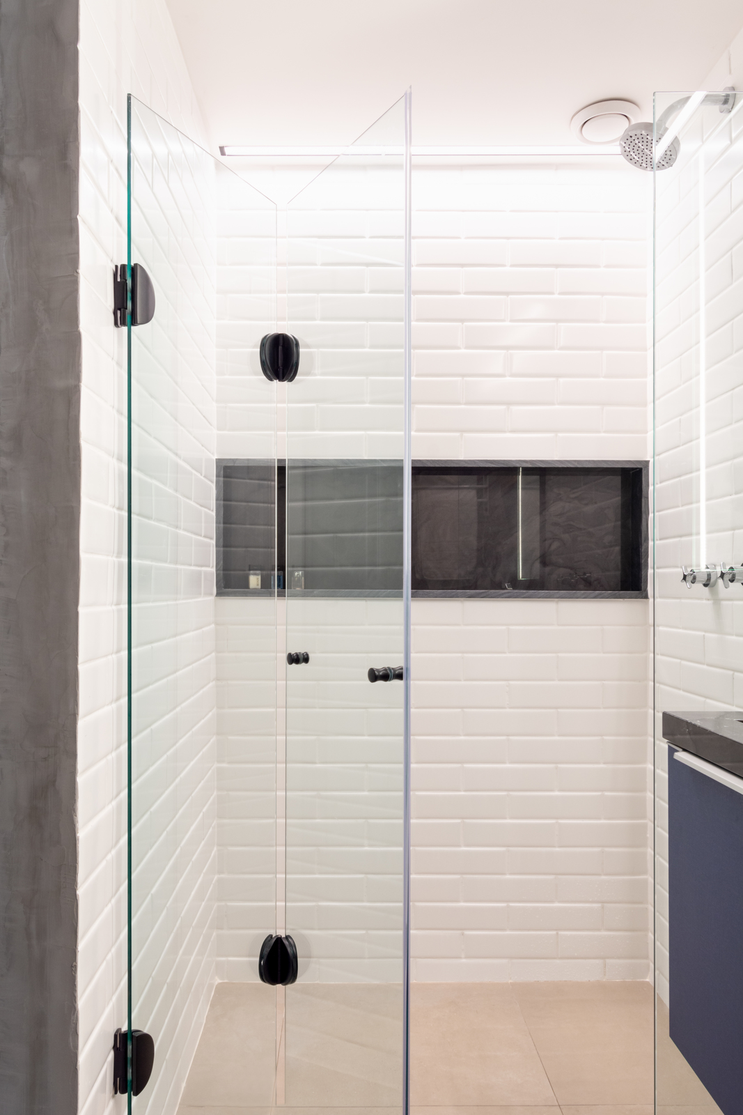 a bathroom with a walk in shower next to a sink