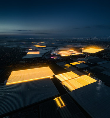 an aerial view of a city at night