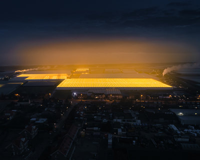 an aerial view of a city at night