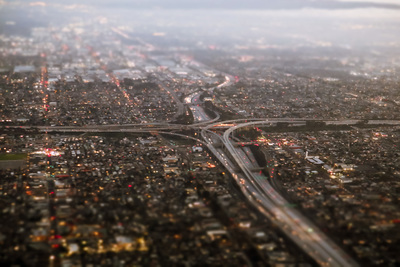 an aerial view of a city at night