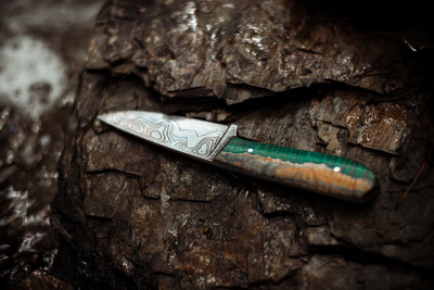 a knife sitting on top of a piece of wood