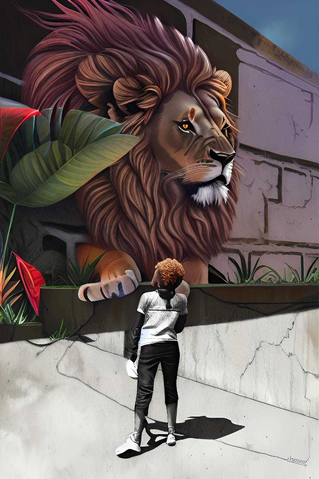 a person standing in front of a painting of a lion