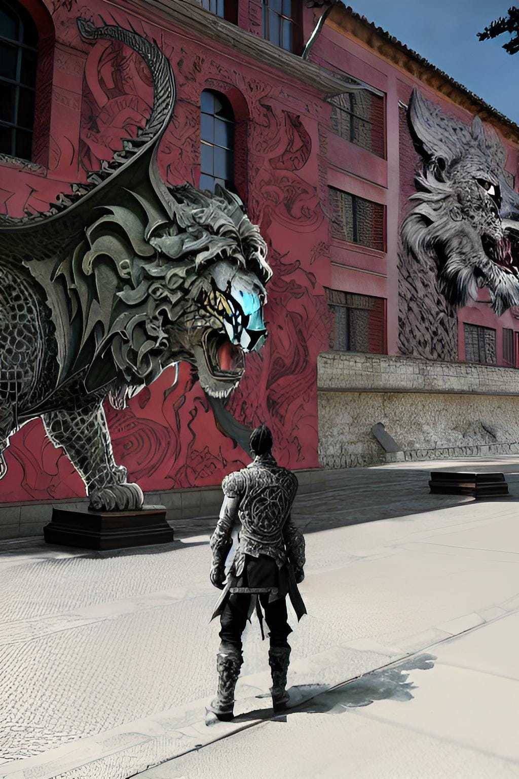 a man standing in front of a giant dragon statue