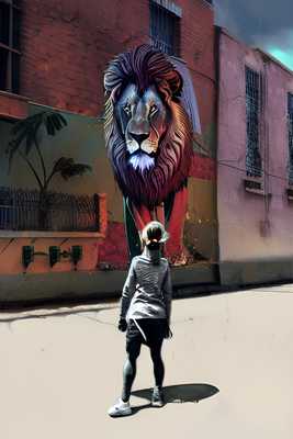 a woman standing in front of a lion mural