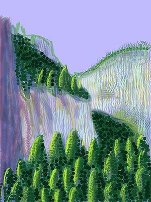 a digital painting of a mountain with trees