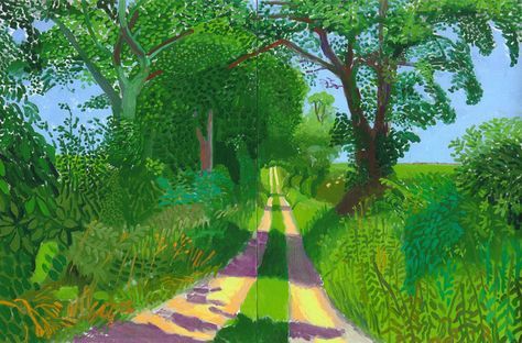 a painting of a road surrounded by trees