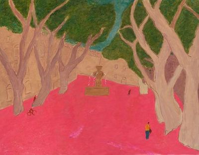 a painting of a park with trees and people