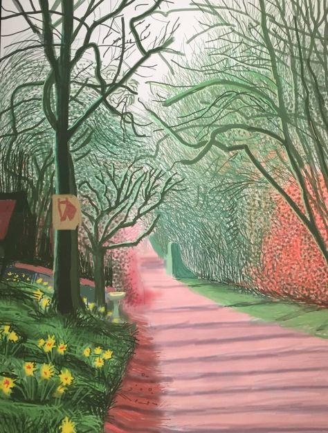 a painting of a pathway with trees and flowers