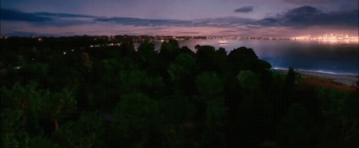 a view of the ocean at night from a hill