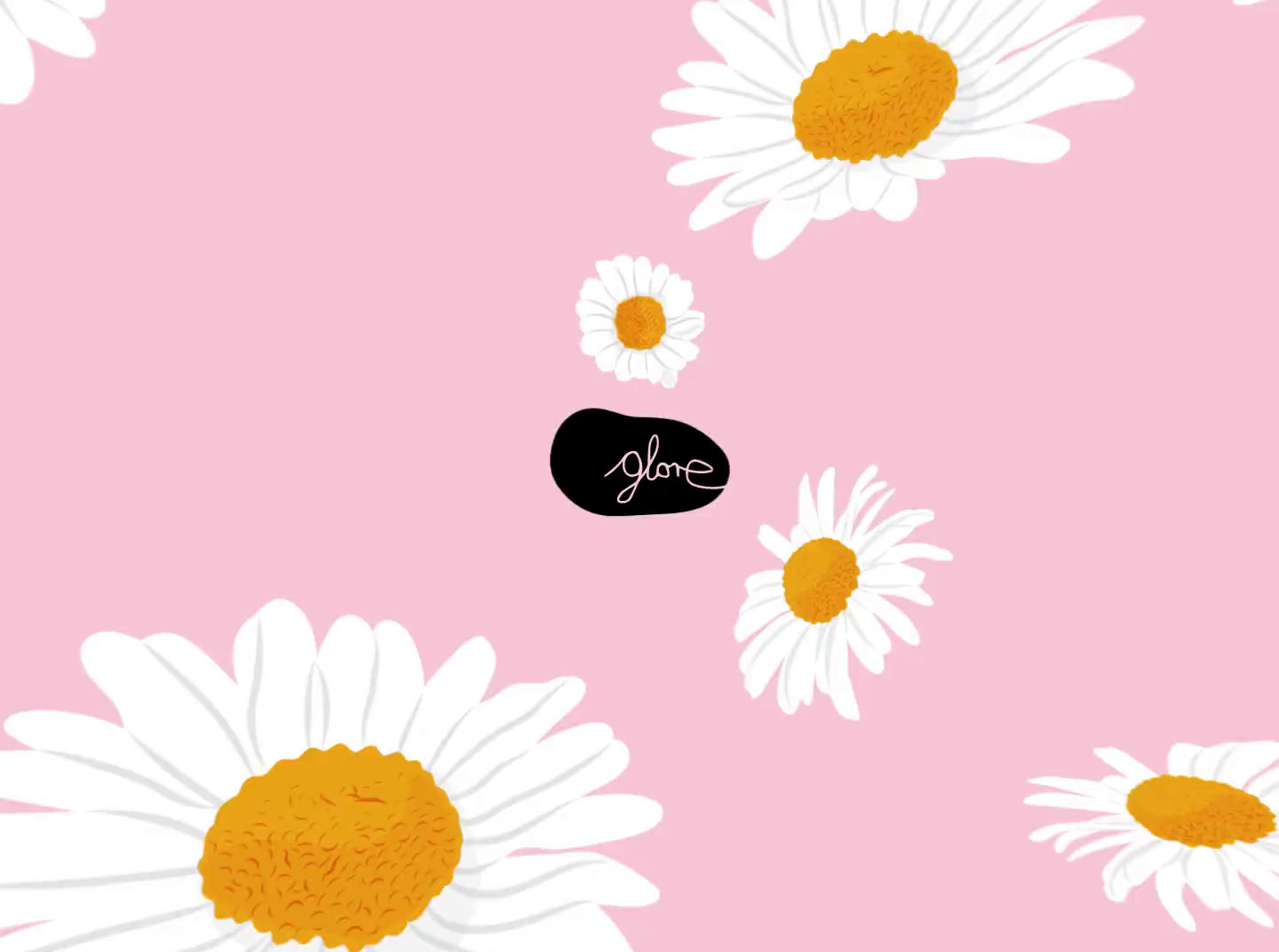 a pink background with white daisies and a black stone