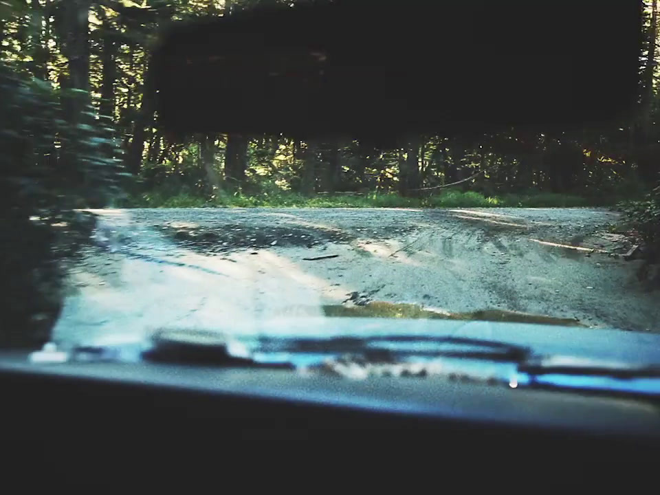 a car driving down a dirt road in the woods