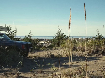 a truck parked on a beach next to the ocean