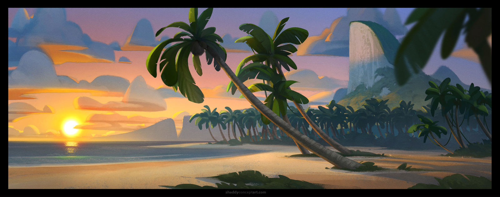 a painting of a tropical sunset with palm trees