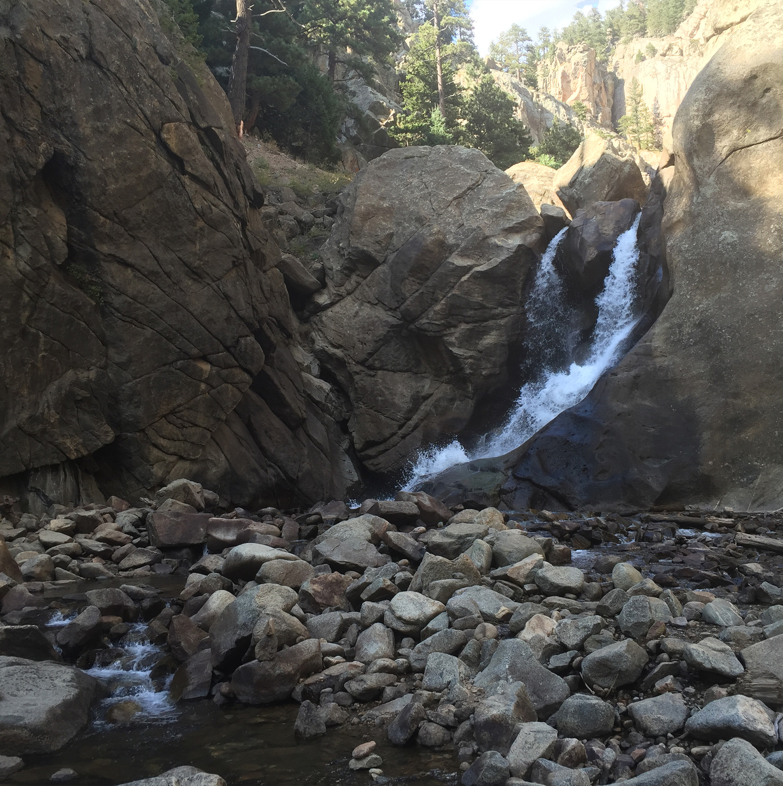 a stream of water running between two large rocks