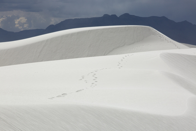 a person walking across a snow covered field