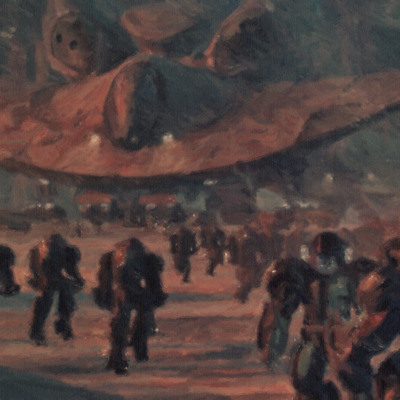 a painting of a crowd of people walking around a plane