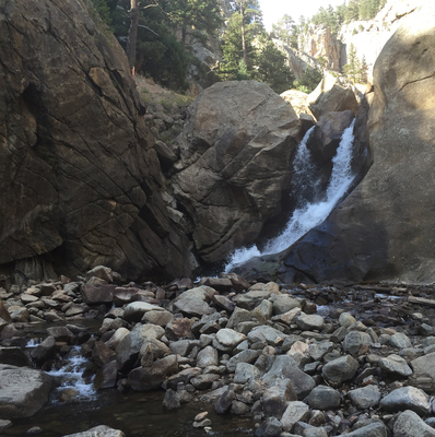 a stream of water running between two large rocks