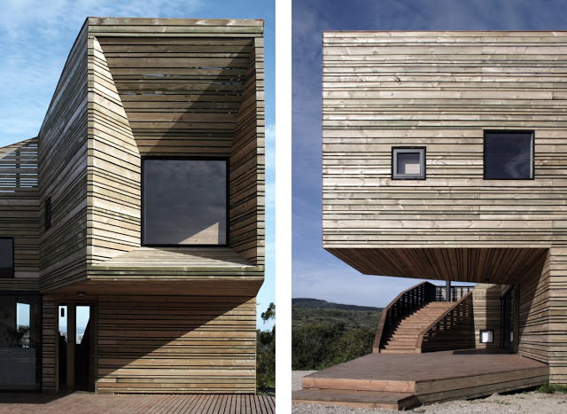 two photographs of a house made out of wood