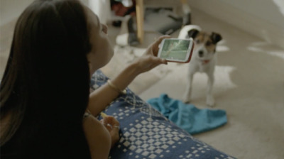 a woman is taking a picture of a dog with her cell phone