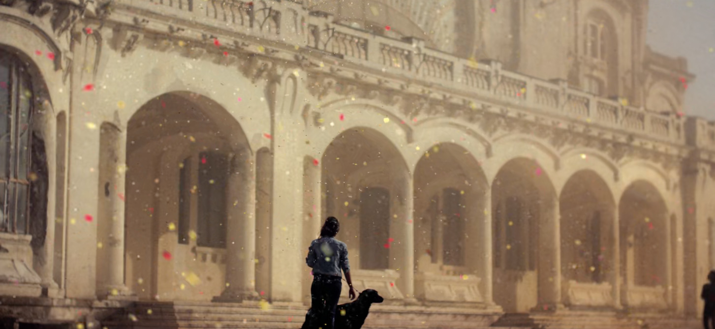 a man standing next to a dog in front of a building