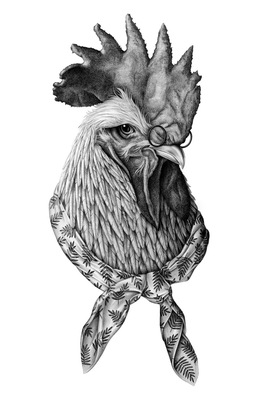 a black and white drawing of a rooster