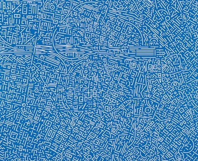 a blue and white drawing of a city