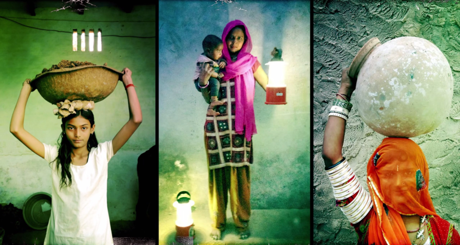 three pictures of a woman holding a bowl of food