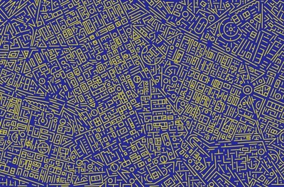 a blue and yellow background with a lot of lines