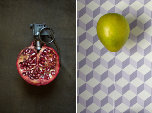 a green apple sitting next to a picture of a pomegranate