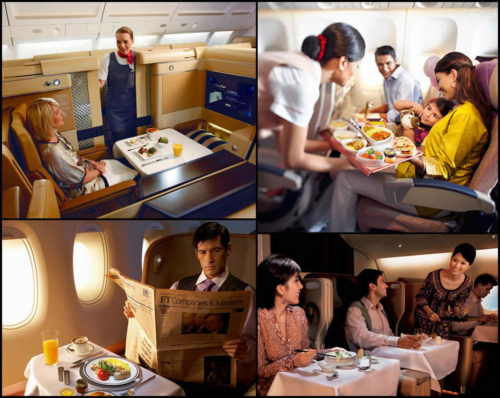 a collage of photos of people eating in an airplane