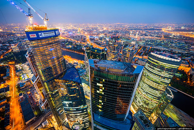 an aerial view of a city at night