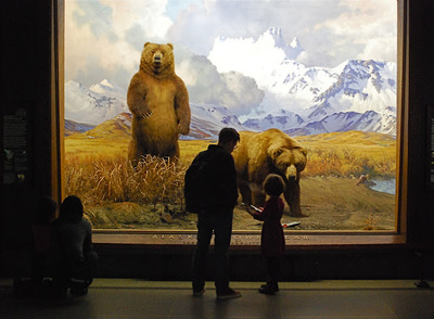 a group of people standing in front of a painting of bears