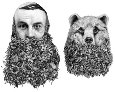 a drawing of a man with a beard and flowers on it
