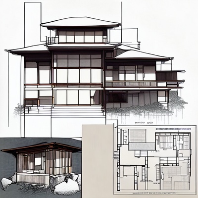 a drawing of a house with a lot of windows