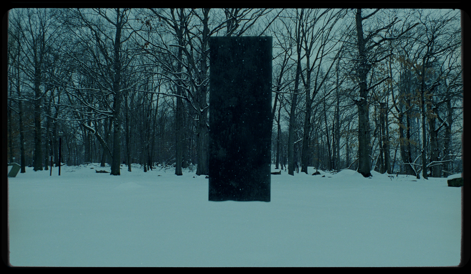 a large black object in the middle of a snowy forest